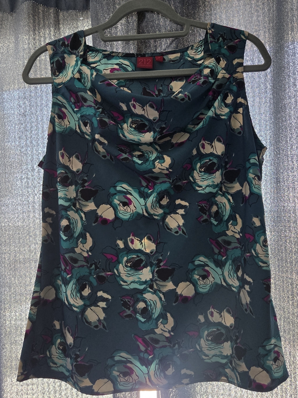 Teal Floral Cowl Neck Sleeveless Top